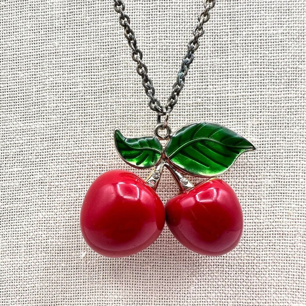 Vintage Y2K Silver Tone Red Cherry Green Enamel Leaves Pendant Necklace Jewelry